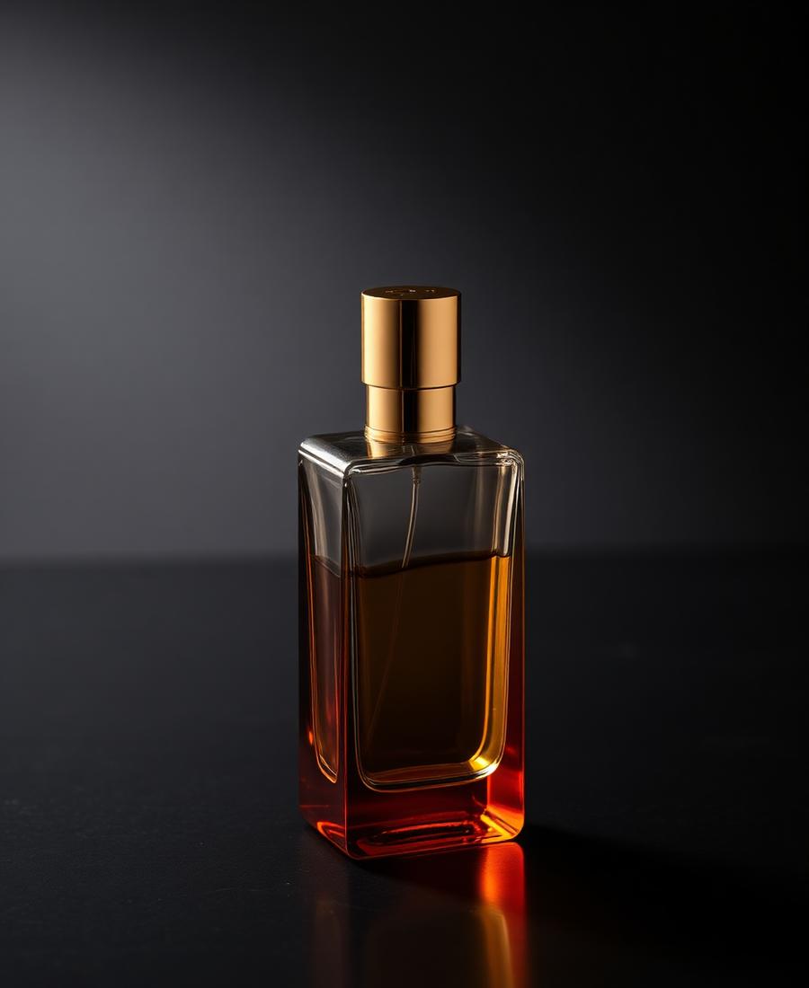 Amber glass perfume bottle with a gold cap