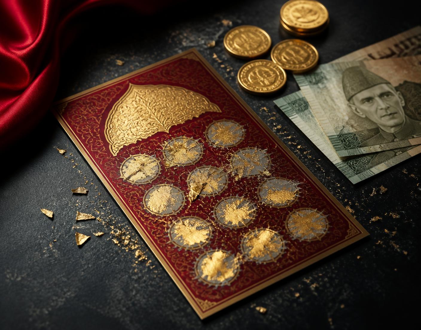 Premium red and gold Link 2 Link scratch card with gold coins and banknotes
